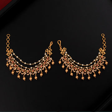 Indian Gold Triple Layer Jhumekis Ear Chain Hair Accessory For Women Girls  For Wedding/Parties - Sasha - 3920439